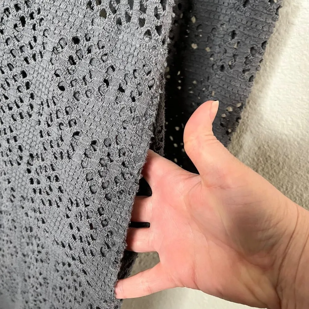 Free People Beach Gray Crochet Boho Long Cardigan Button down Coverup Medium - Image 8