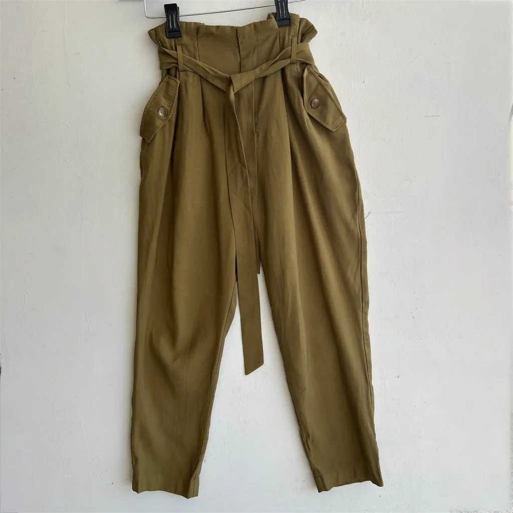 FORE High Waisted Paperbag Tapered Pants Olive Green Military Style NEW - Image 2