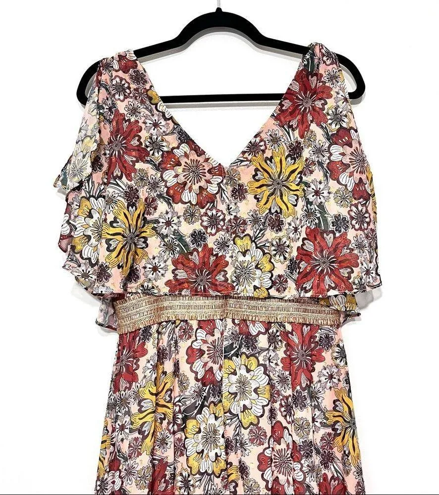 Taylor Pink Floral Flutter Sleeve High Low Midi Dress Size 4 Gold - Image 6