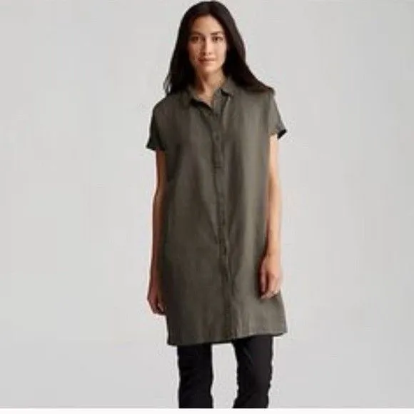 Eileen Fisher Army Green Cap Sleeve Button Down Shirt Dress S/P Linen Blend - Image 2