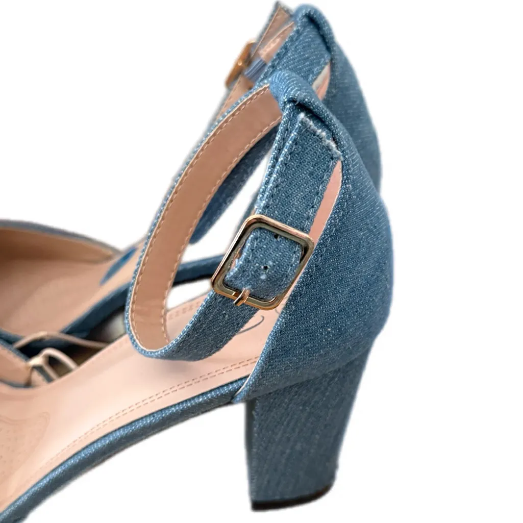 Blue Denim Chunky Block Heel Pumps Size 10 Y2K Streetstyle Ankle Strap Heels - Image 11