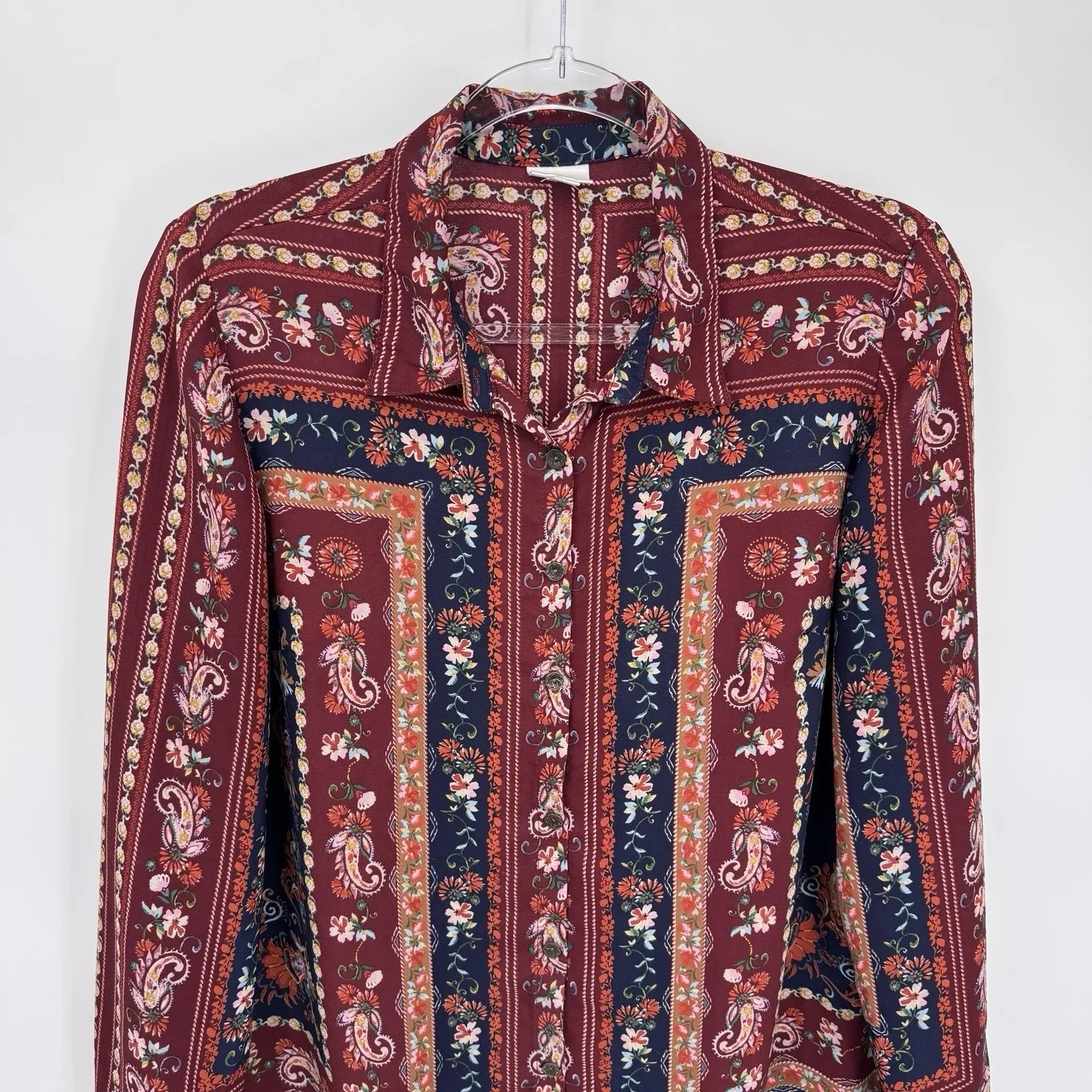 Vintage Y2K Dressbarn Sheer Button‎ Front Shirt Medium Red Country Handkerchief - Image 2