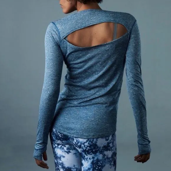 Onzie OS Wave Long Sleeve Yoga Top Blue Striped Cutout Shirt One Size XS S M L - Image 2