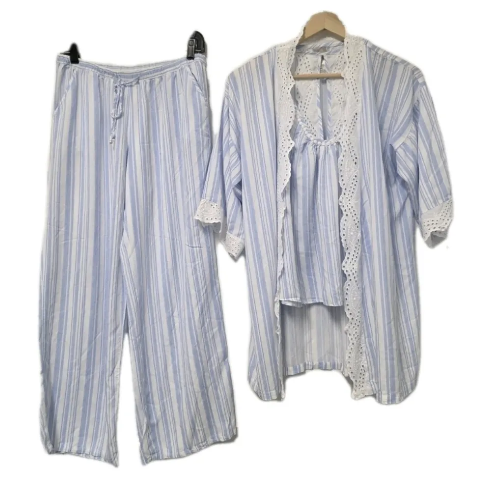 In Bloom 3 Pcs Pajamas By Jonquil Eyelet Lace Trim Blue White Stripe Feminine - Image 10