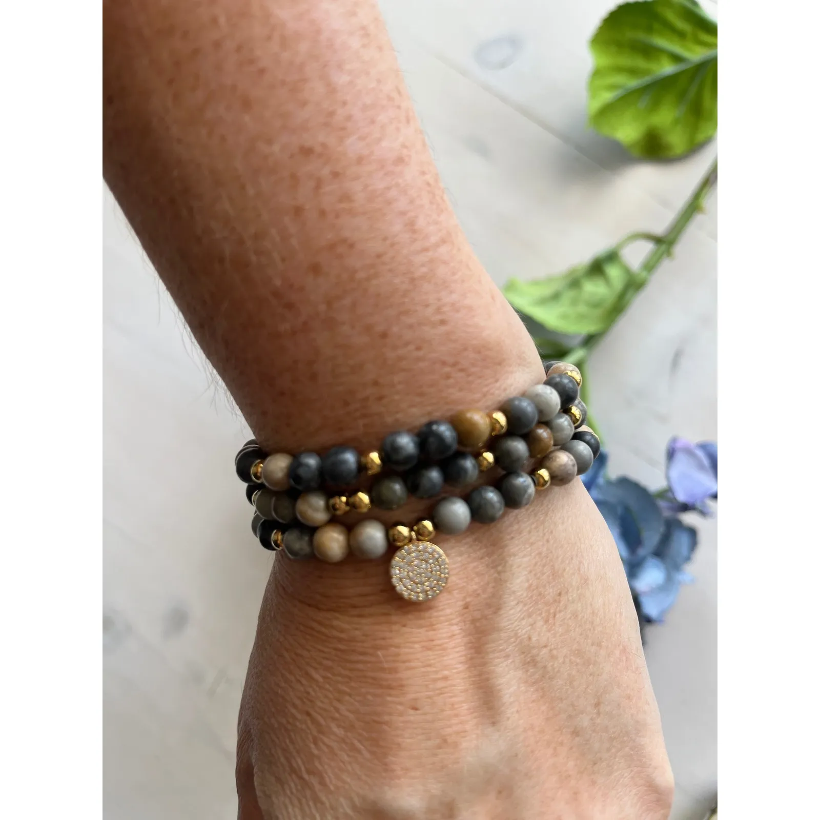 Beaded Stretch Bracelet Set‎ Natural Stone Gray Brown Gold Charm Boho Stacking - Image 2