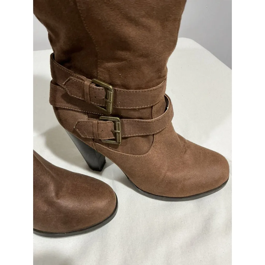Woman’s Just Fab Waynoka Wide Brown Faux Suede Stacked Winter Boots Size 8w Otk - Image 3