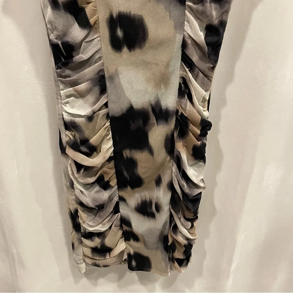 Y2K mesh leopard camo floral ruched bodycon dress Sinequanone mini luxe Tan Size XS - Image 5