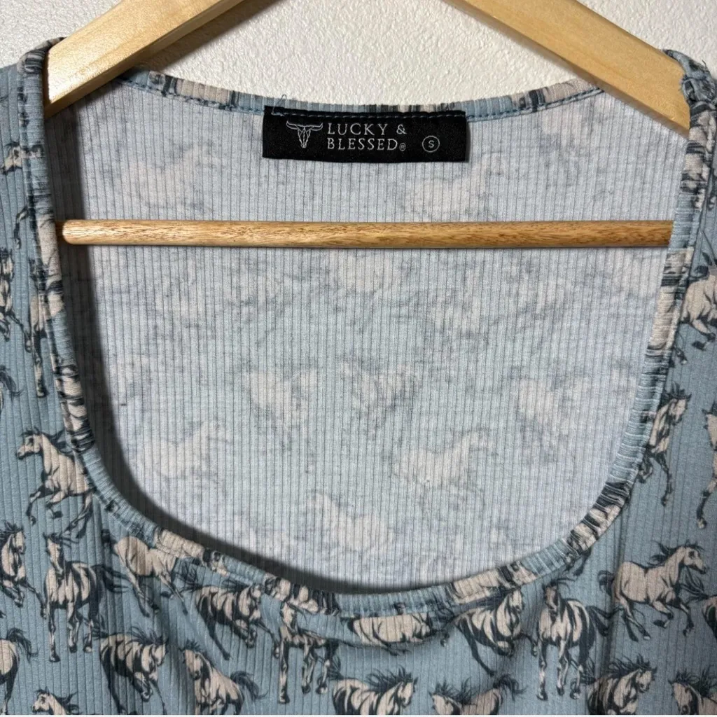 Lucky & Blessed Horse Dress Maxi Dress Small Ribbed Scoop Neck Western Country Gray - Image 2