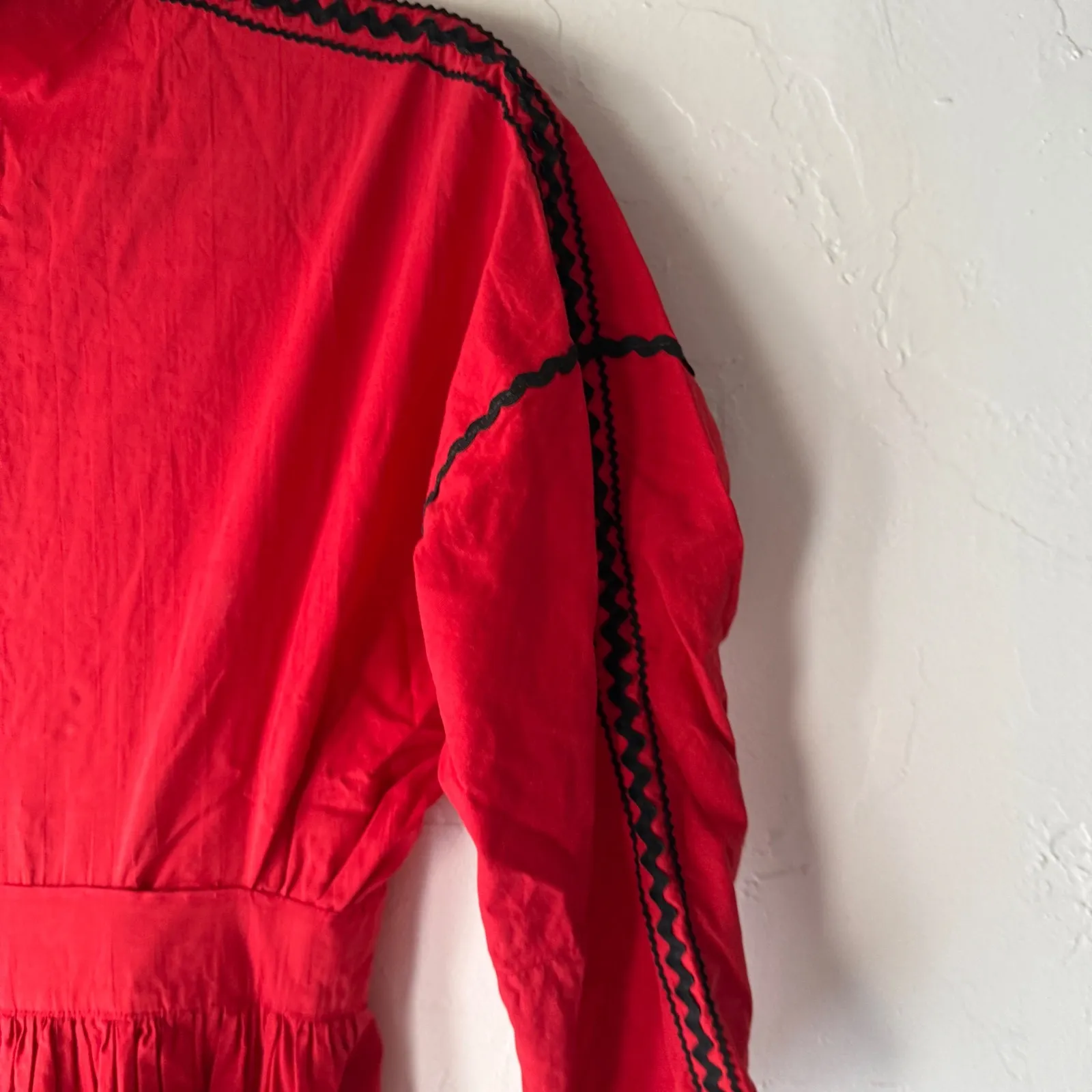 Vintage Handmade 1960s Red Maxi Dress Black Embroidery Tiered Dress Indigenous - Image 7