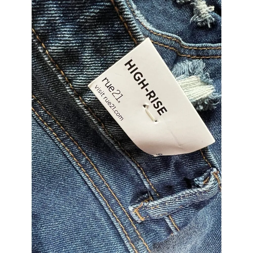 RUE21 Women’s High Rise Flare 90’s Fit Dark Denim Distressed Jeans sz 9 NEW - Image 4