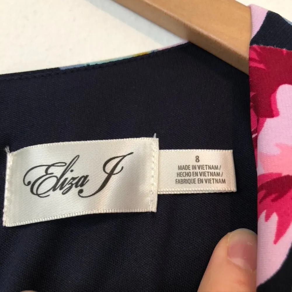 NEW NWT ELIZA J Navy Blue Pink Orange Floral Jersey Stretch Ruffle Shift Dress 8 - Image 6