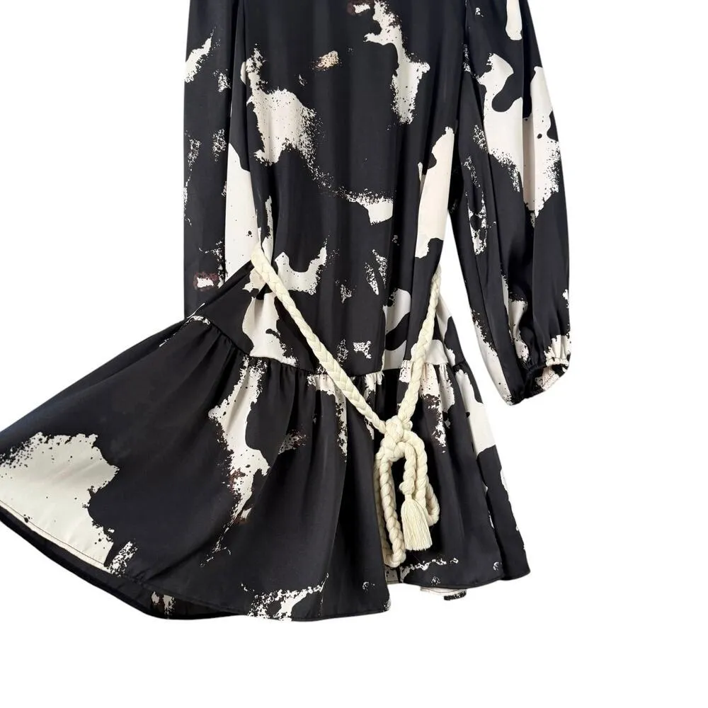 Alexis‎ x Target Long Sleeve Rope Belt Tiered Mini Dress Black White Print, Sz M Size M - Image 11