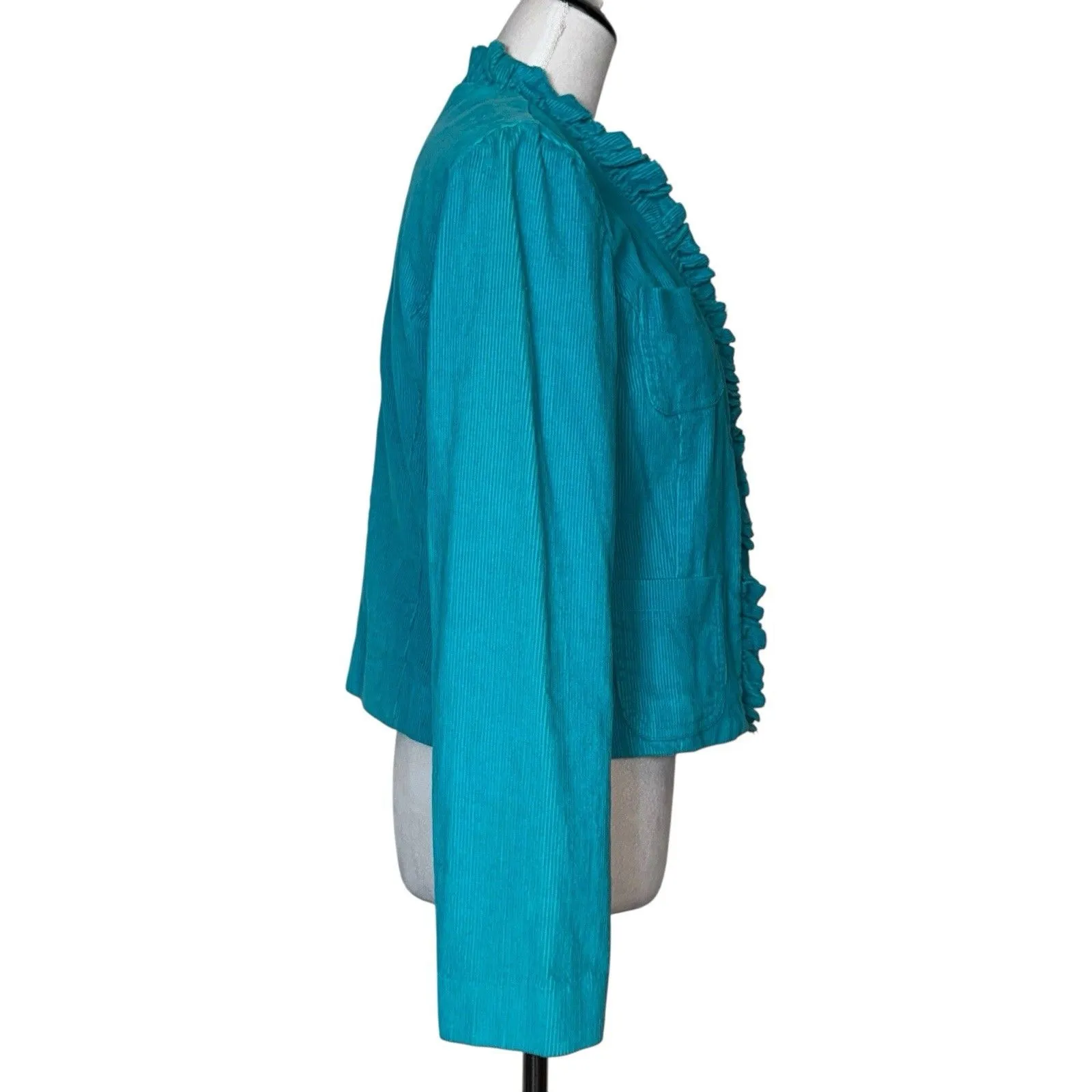 Vintage Y2K Blue Corduroy Jacket Blazer Size S Ruffle Trim Pockets Fairy Preppy - Image 6