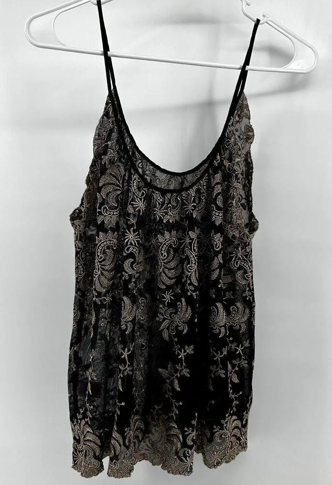 Calypso St Barth Cami Top Embroidered Sheer Scoop Neck Flowy Black Gold Small - Image 4