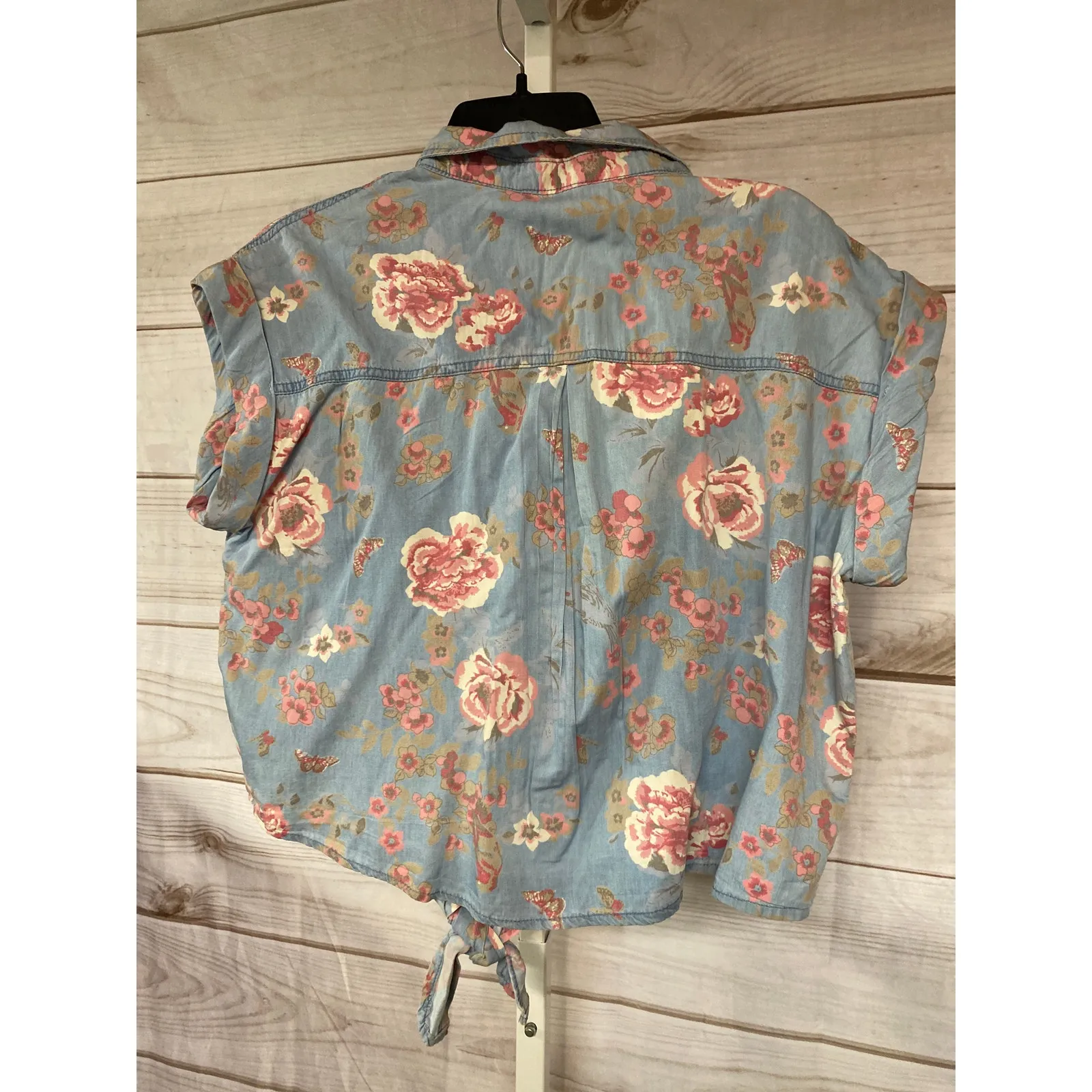 Brand New Highway Women's Size Large Blue Denim Floral Tied BOHO Blouse Top - Image 2
