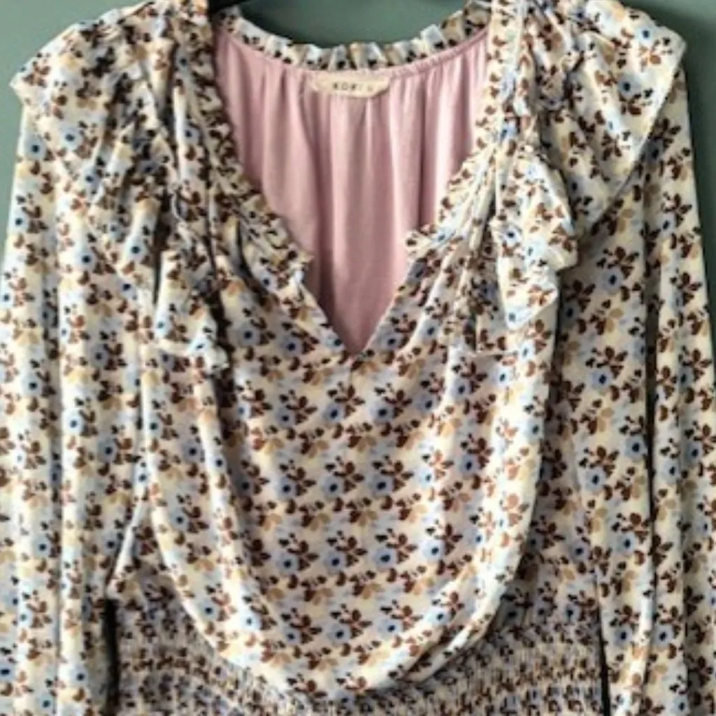 Kori Dress L Blue Brown Floral Puff Sleeve Smocked Cottagecore Boho Prairie - Image 4