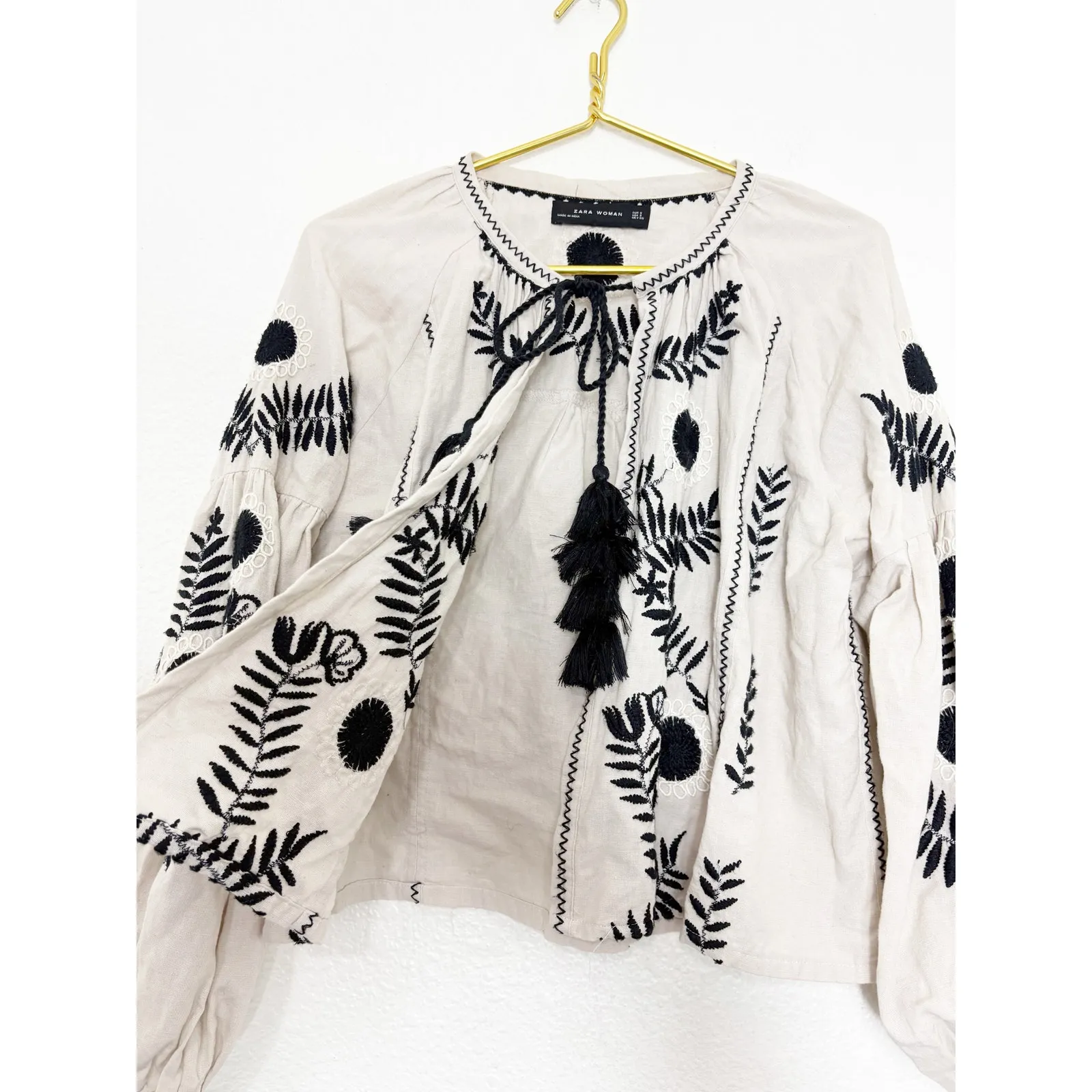 Zara Boho Embroidered Tassel Cardigan Small Cream Black Linen Cotton Western - Image 12