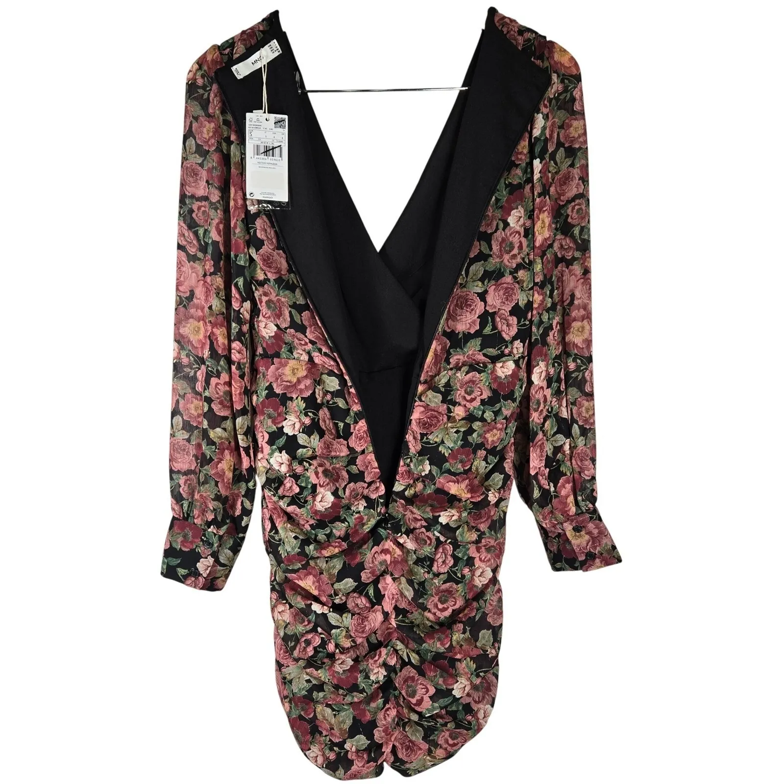 MNG Mango Women's Floral Long‎ Sleeve Mini Dress Ruched Bodycon V Neck - Image 3