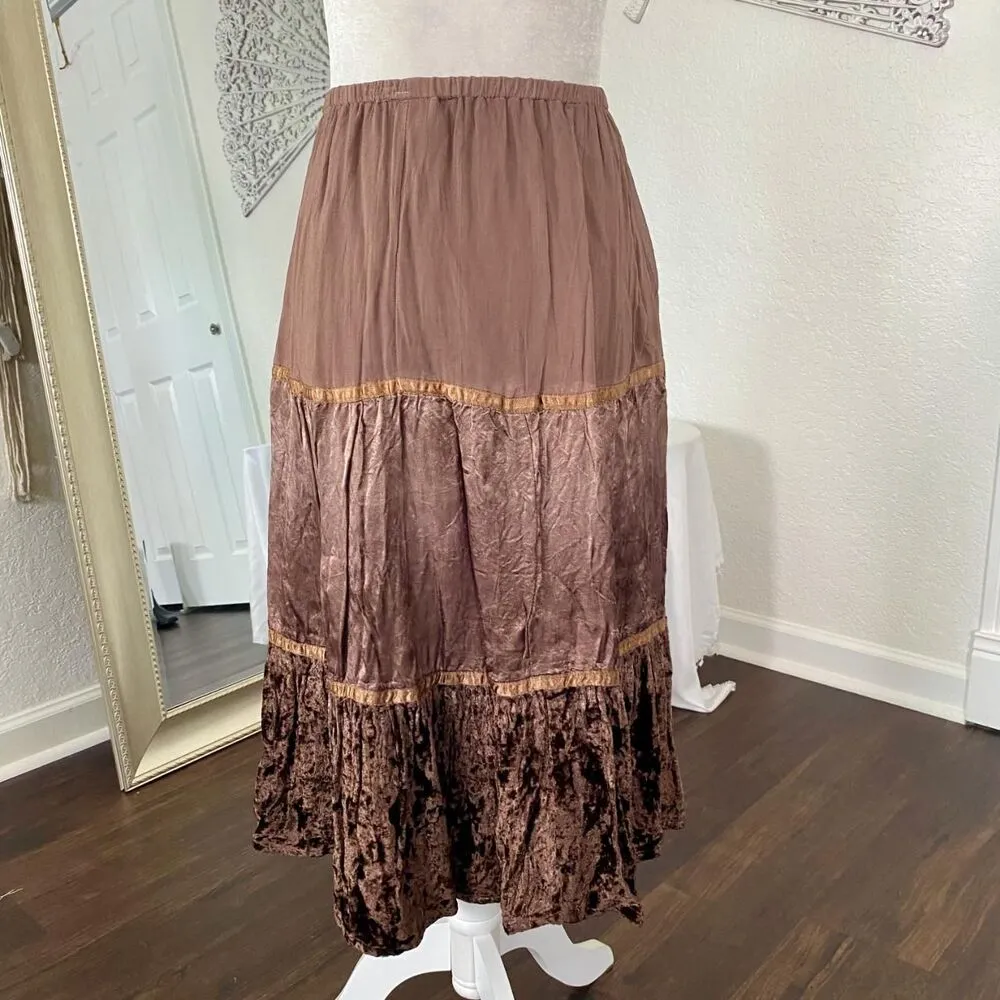 Ethereal Fairy Grunge Brown Tan Velvet Satin Flowy Midi Maxi Rayon Skirt S - Image 3