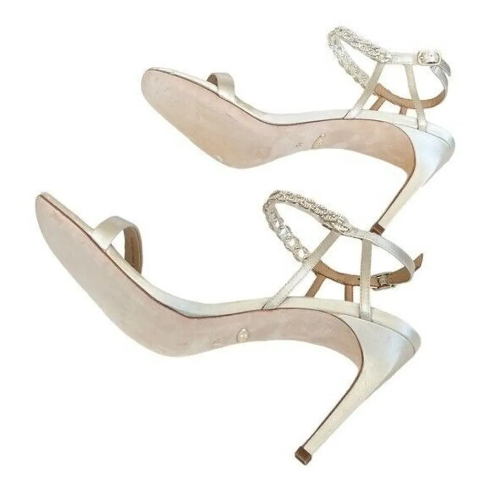 BADGLEY MISCHKA Kai Stiletto Satin Open Toe Rhinestone Ivory Heels Size 10 - Image 6