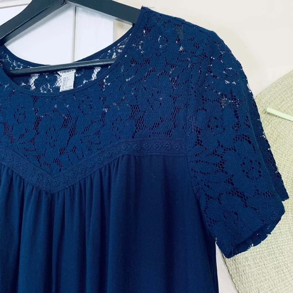Forever 21 Navy Embroidered Lace Flowy Babydoll A-Line Dress | Size: L - Image 3