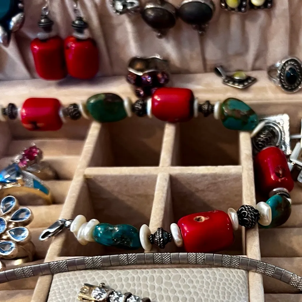 Coral & Turquoise Necklace & Earring Set Red - Image 8