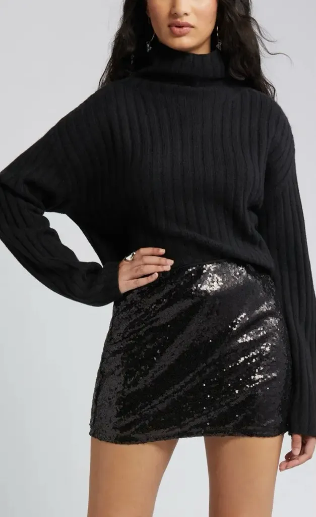 Open Edit Women's Cotton Blend Rib Funnel Neck Black Sweater Size XS - Image 1