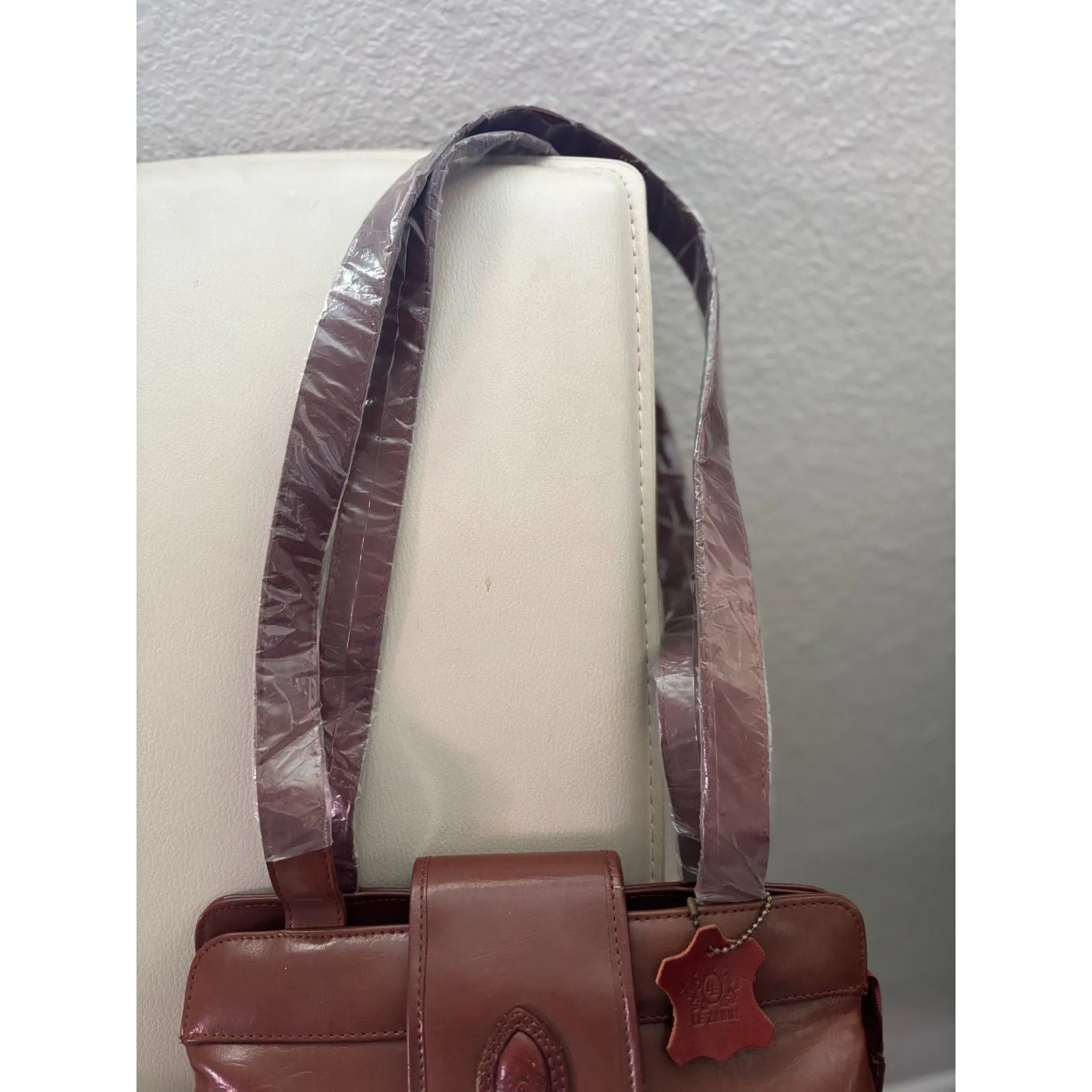 Vintage 80s Cognac Faux Leather Purse Shoulder Bag detachable double strap Brown - Image 12