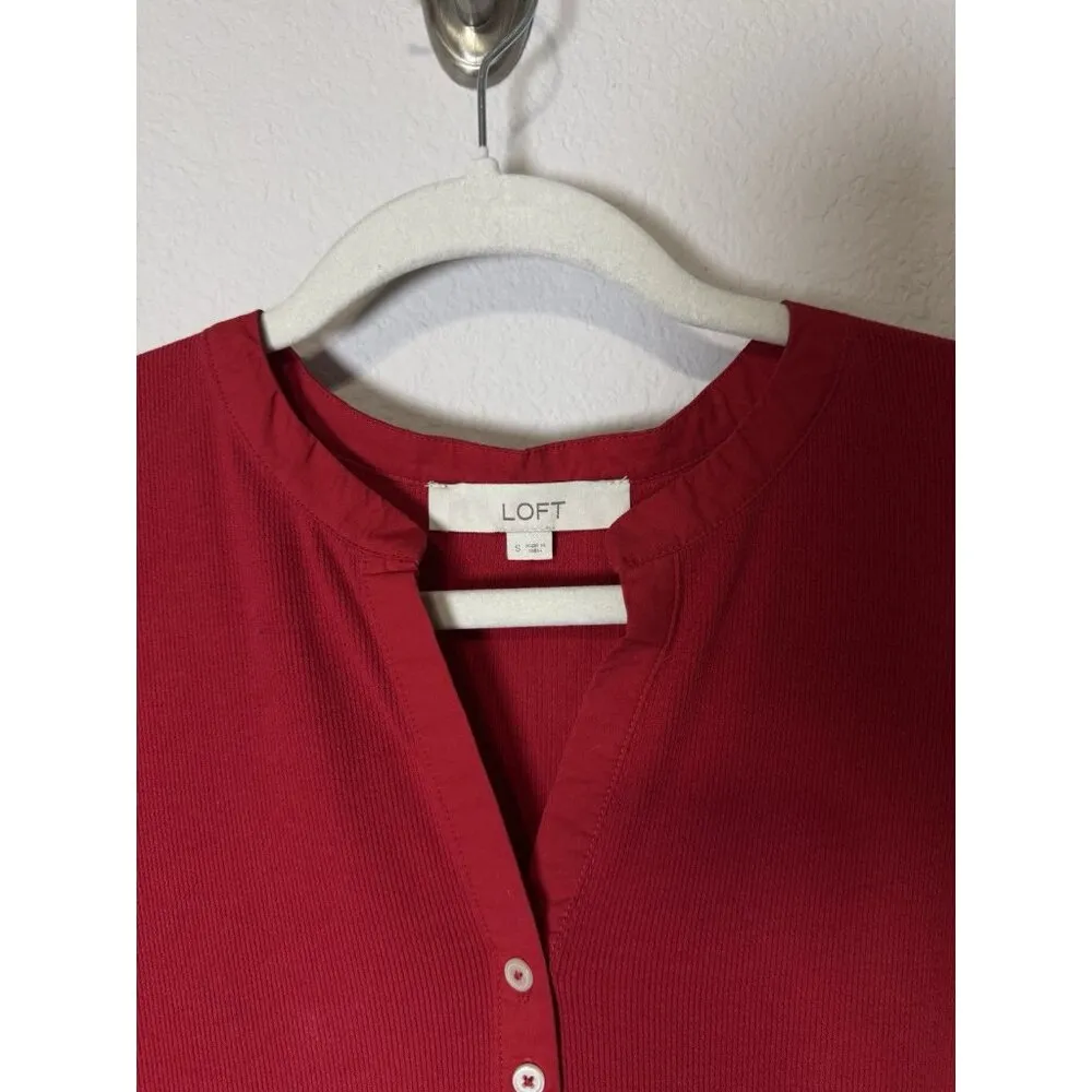 LOFT Women’s Ribbed Henley Red Plaid Mixed Media Puff‎ Shirred Ruffle Sleeves S - Image 11