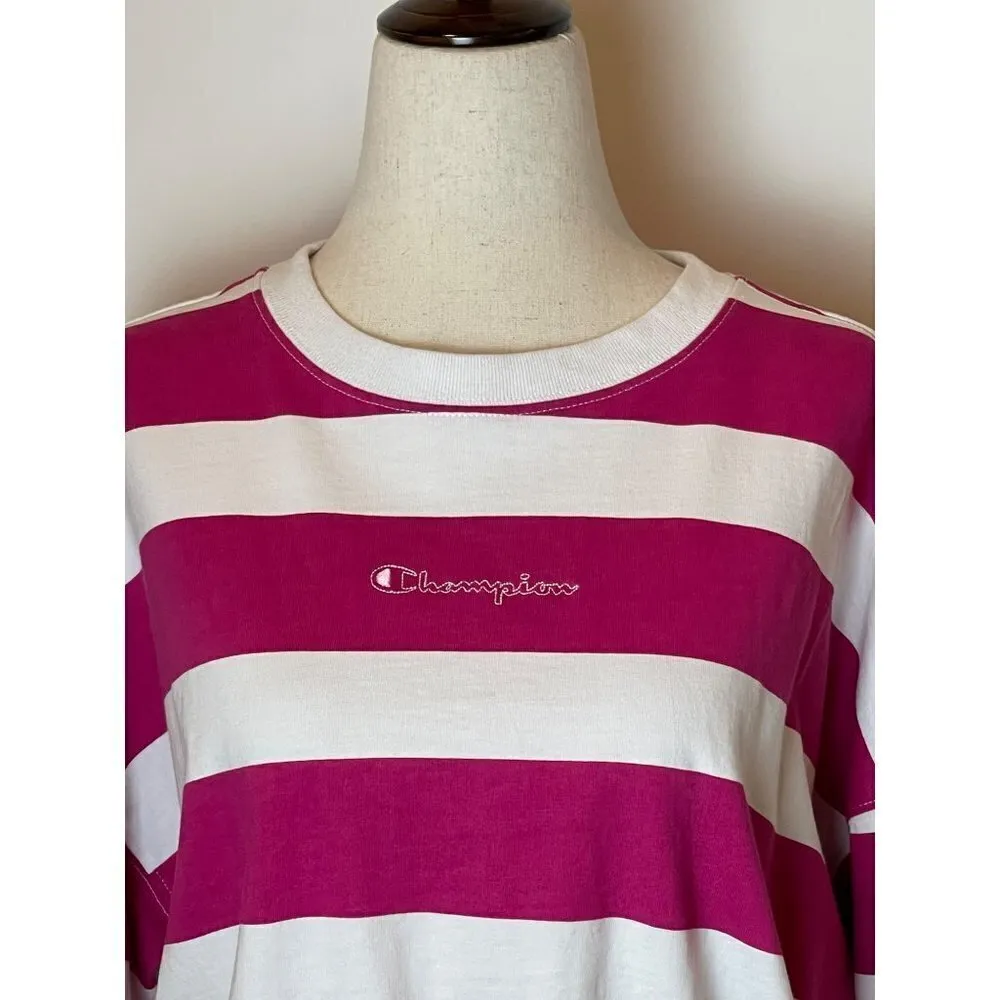 Champion Pink And White‎ Striped Crew Neck Pullover Cropped Sweatshirt Size S - Image 5