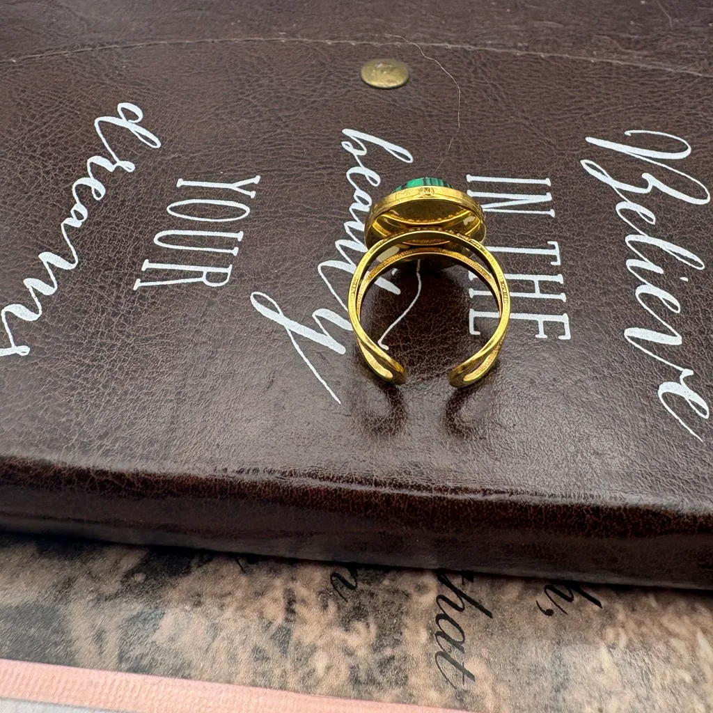 Malachite Gemstone Women’s Ring Adjustable Gold Stainless Handmade - Image 3