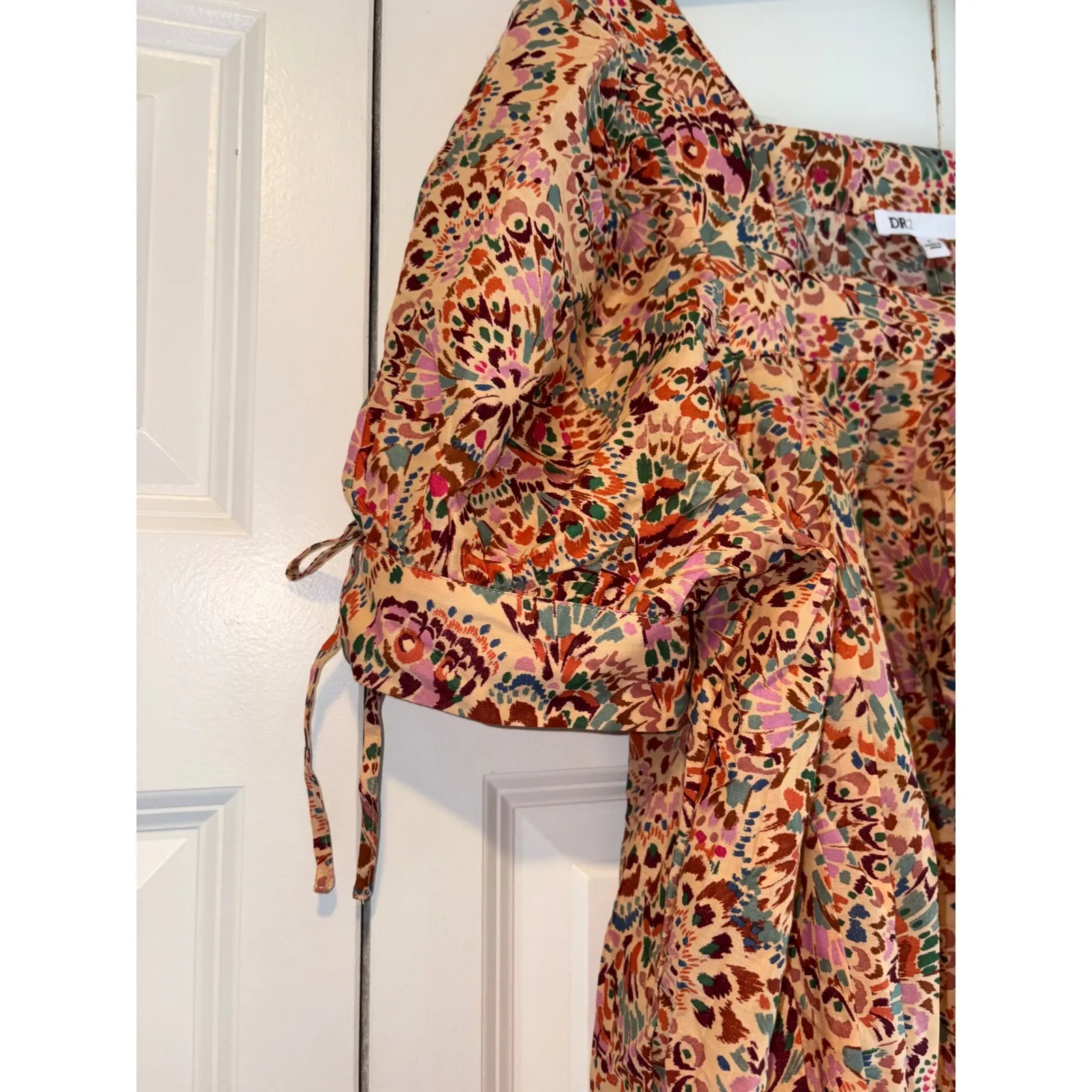 DR2 Floral Print Top Square Neck Puff‎ Sleeve Blouse Bohemian Style Size S Tan - Image 3