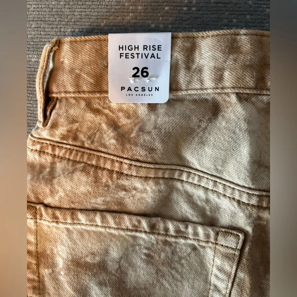 PacSun Sand Tie Dye High Waisted Frayed Denim Festival Shorts Beige Tan 26 - Image 3