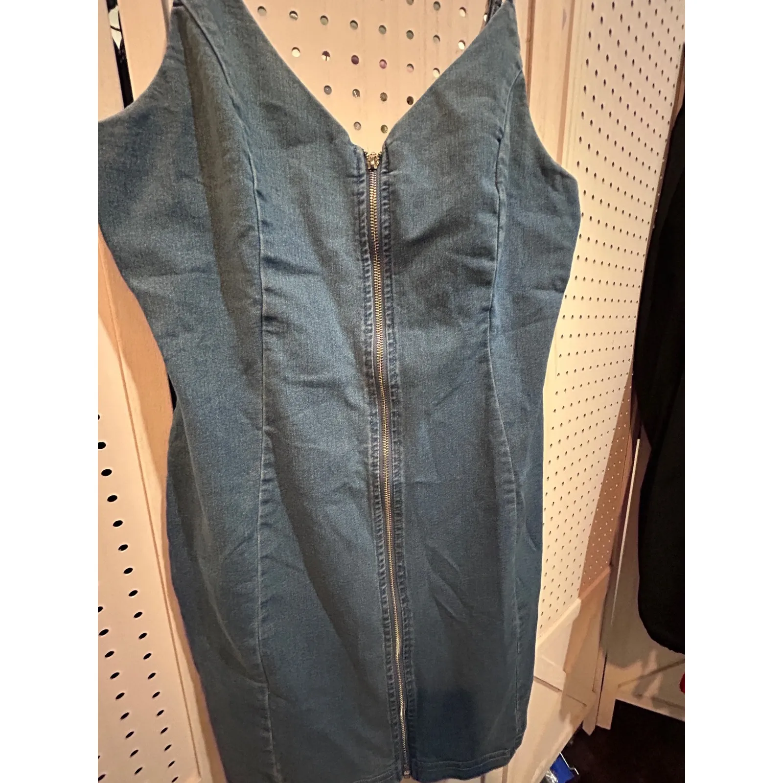 IRIS Denim Mini Dress Women's L Blue‎ Sleeveless V-Neck Zip Front Casual - Image 4