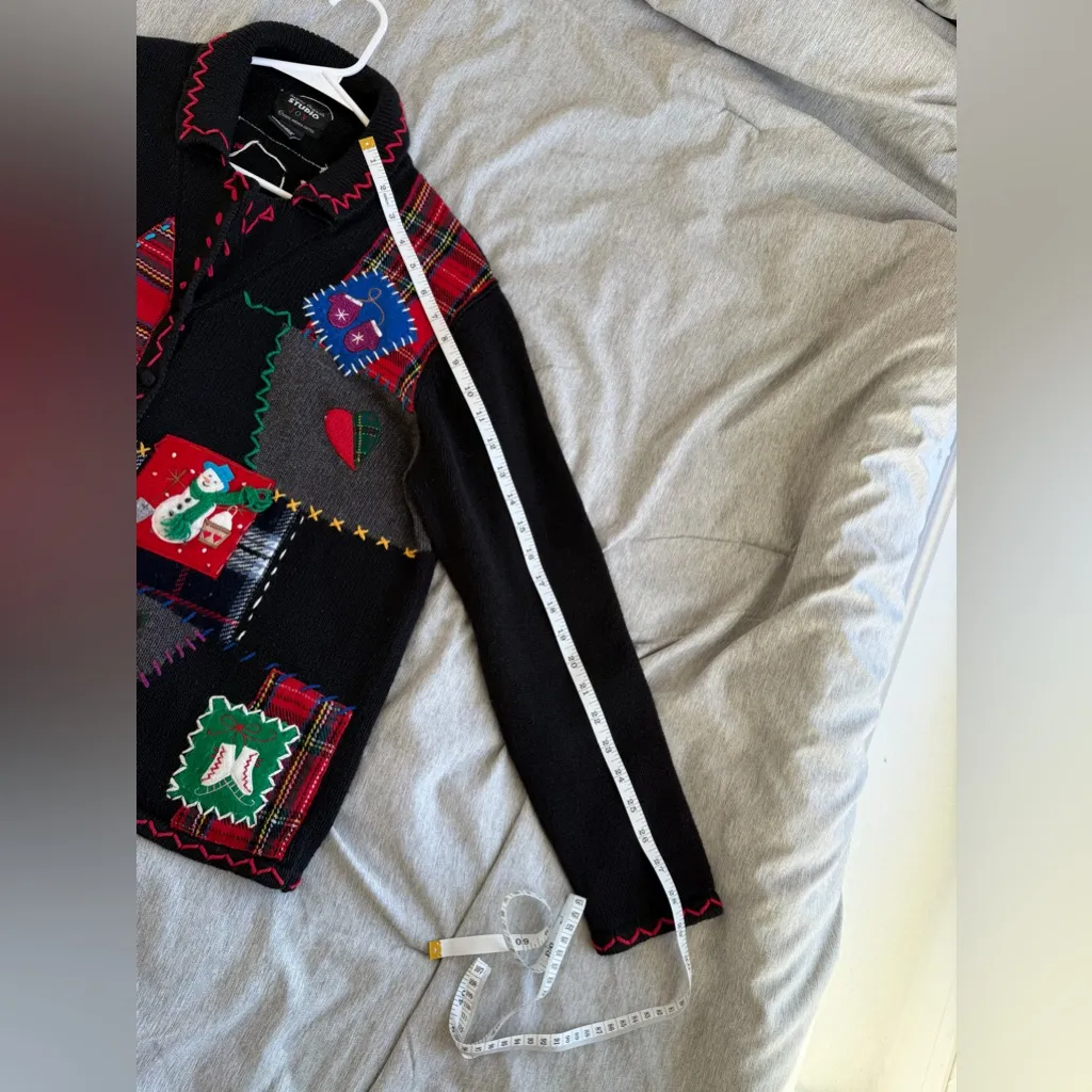 Vintage Christmas Cardigan Elbow Patch Black Plaid Patchwork M Studio Joy Size M - Image 10