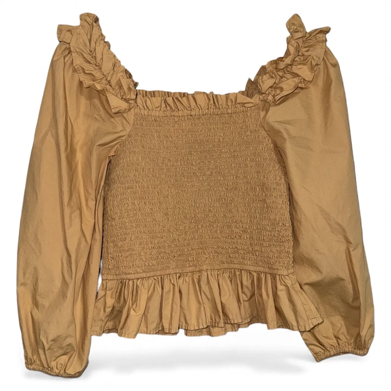 The Drop Marisol Smocked Square Neck Peplum Top Long Sleeve Beige Size S Tan - Image 3