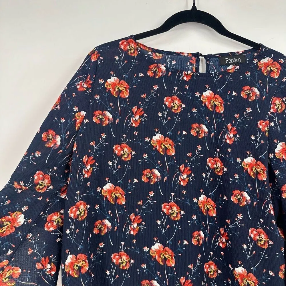 Papillon Floral‎ Ribbed Swing Blouse Navy & Red Size medium - Image 2