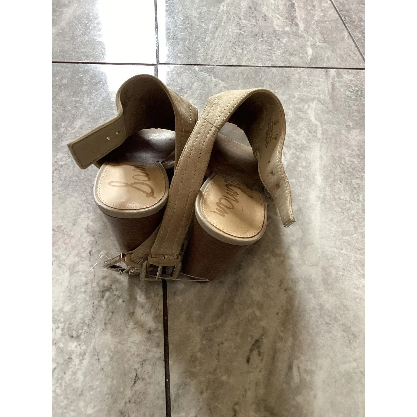 Sam Edelman Shoes Womens Size 7 Beige Ervin Peep Toe Slingback Block Heel EU 37 - Image 3