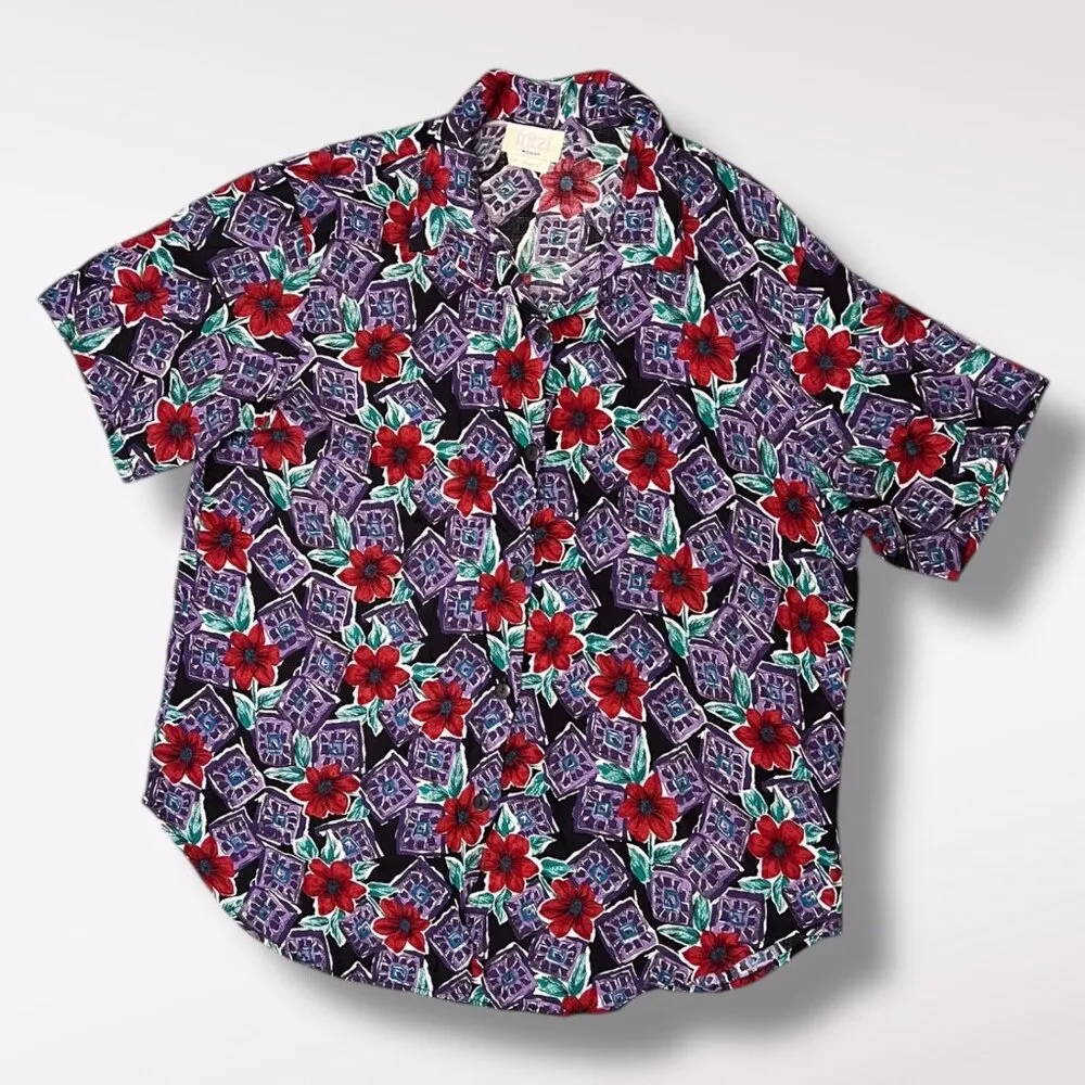 Vintage Fritzi Floral Rayon Short Sleeve Button Up Shirt Multiple Size L - Image 8