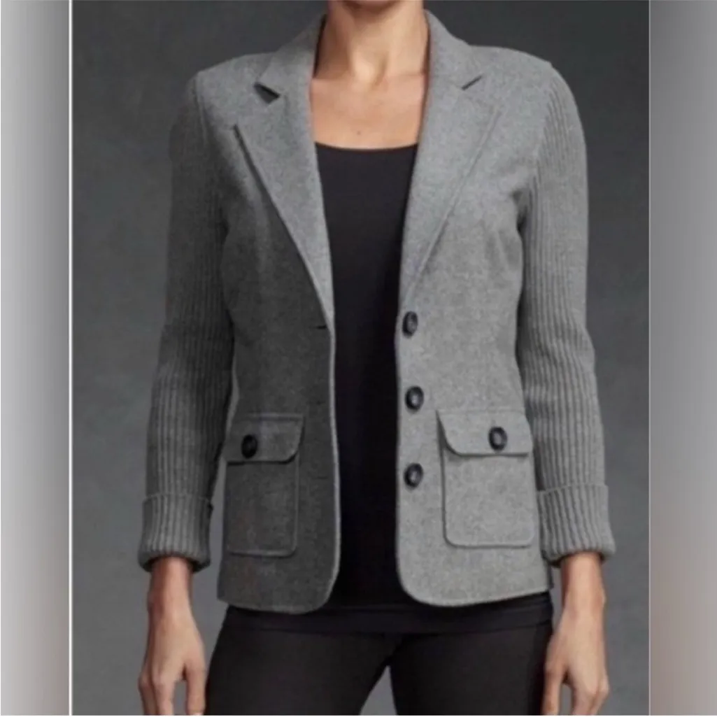 CAbi "Half & Half" Wool Blend Gray Ribbed Sleeves Collared Sweater Blazer, XS - Image 3