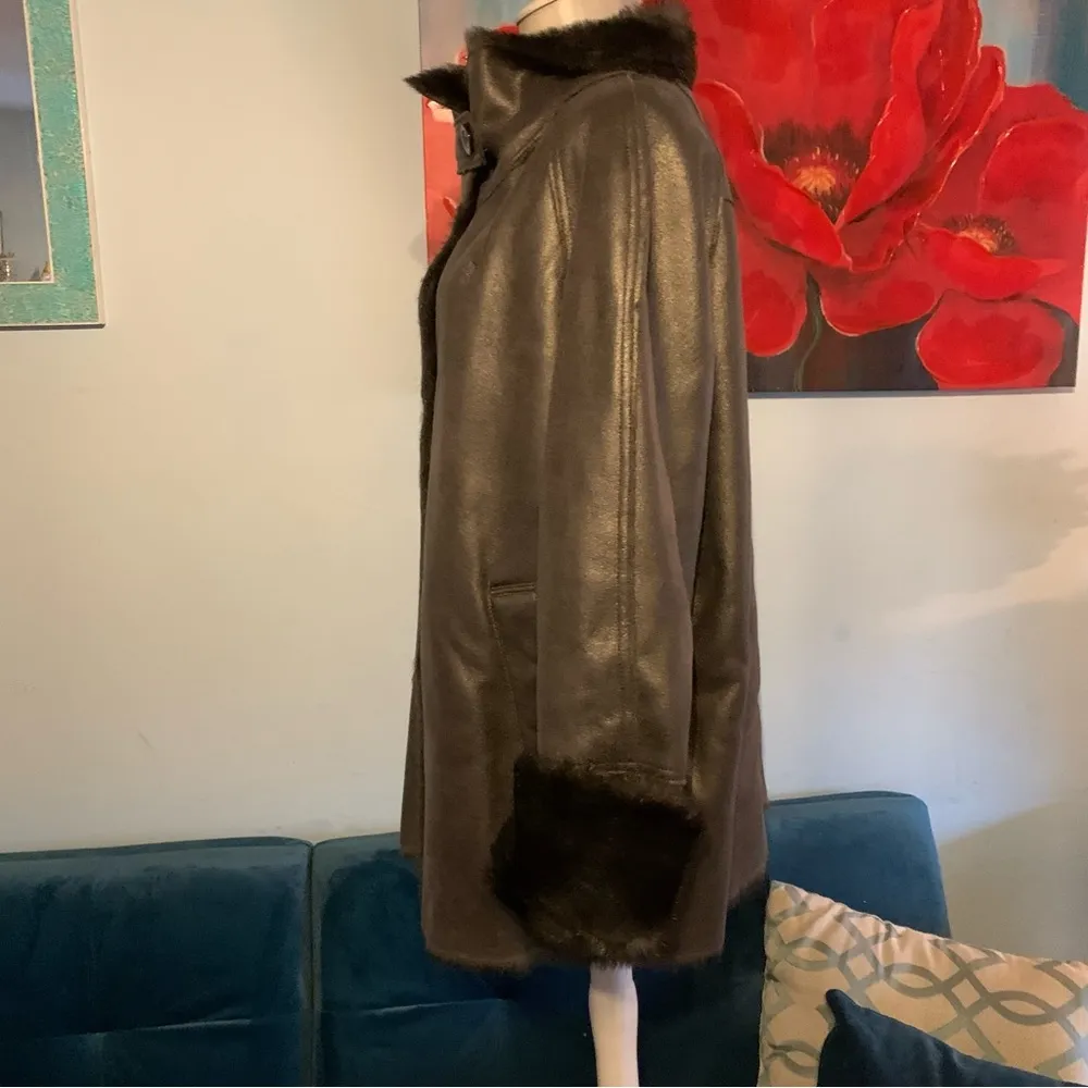 Coldwater Creek Faux Leather/Fur Metallic Silver Gray Coat, L 14/16 Jacket - Image 6
