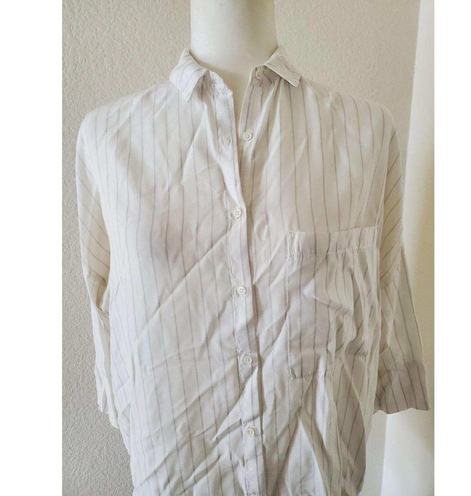 STRADIVARIUS Shirt Women Small White Striped 3/4 Sleeve Button High-Low - Image 2