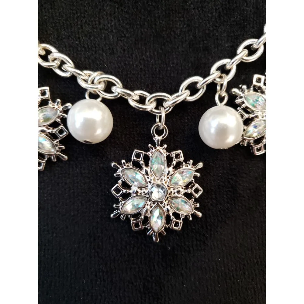 Silver Snowflake Charm Necklace with Faux Pearls and Crystals Adjustable Chain - Image 2