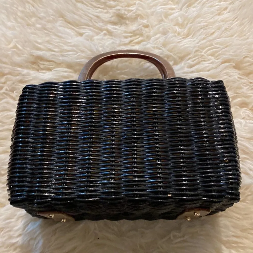 Kate Spade Rectangular Black Wicker Hand Held Purse w/ Gold Handles & Clasp - Image 9