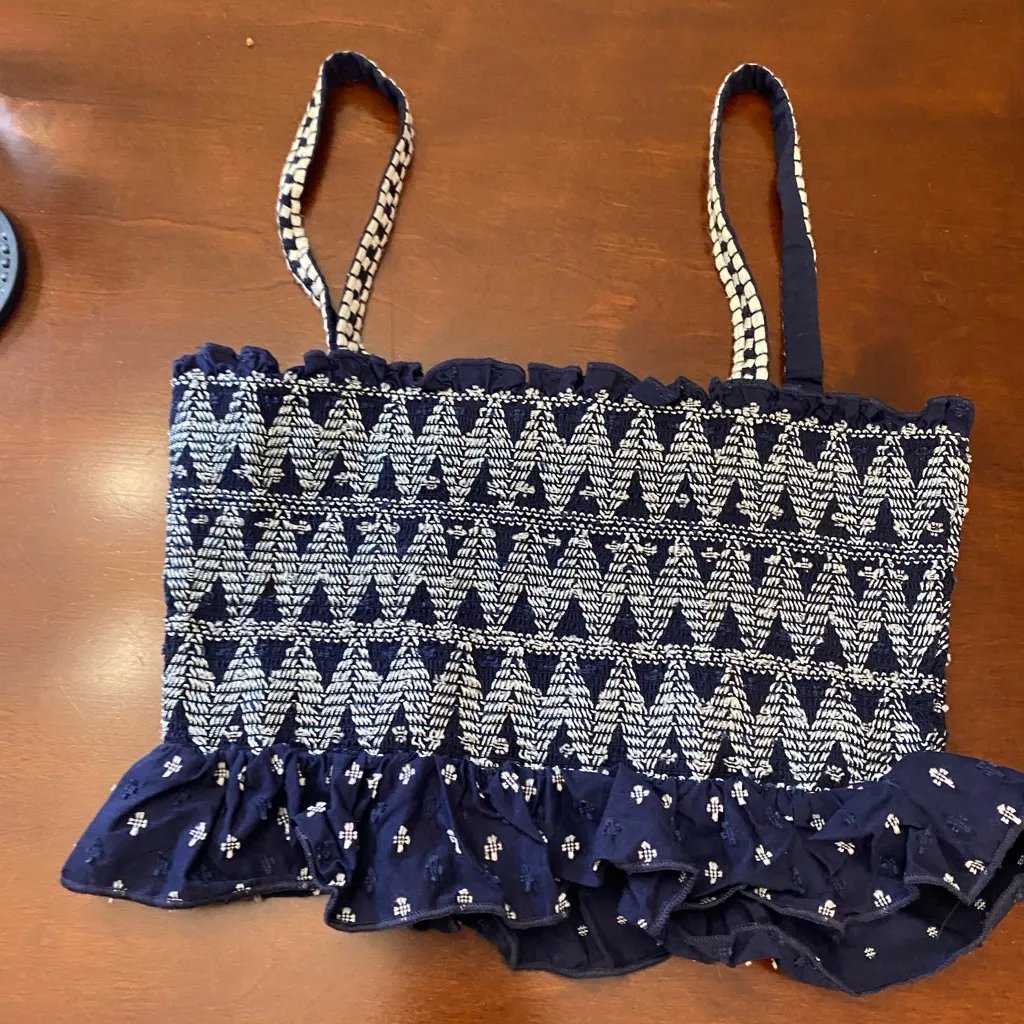 Forever 21 Womens Crop Tank Top S Small Embroidered Blue & White Boho Print - Image 5