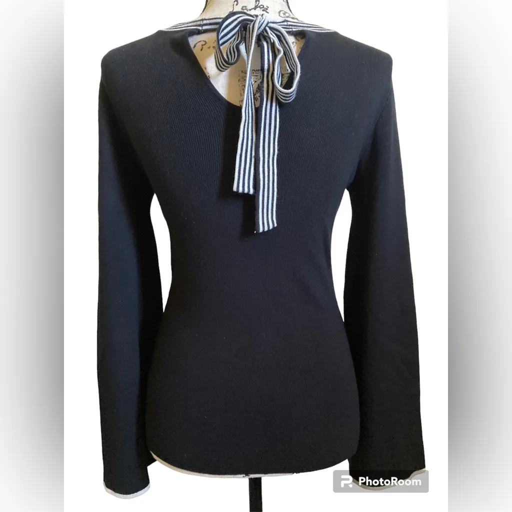 🌞Olivia Warren Black with White Striped Bell Sleeve Tie Back Sweater #Bl - Image 5
