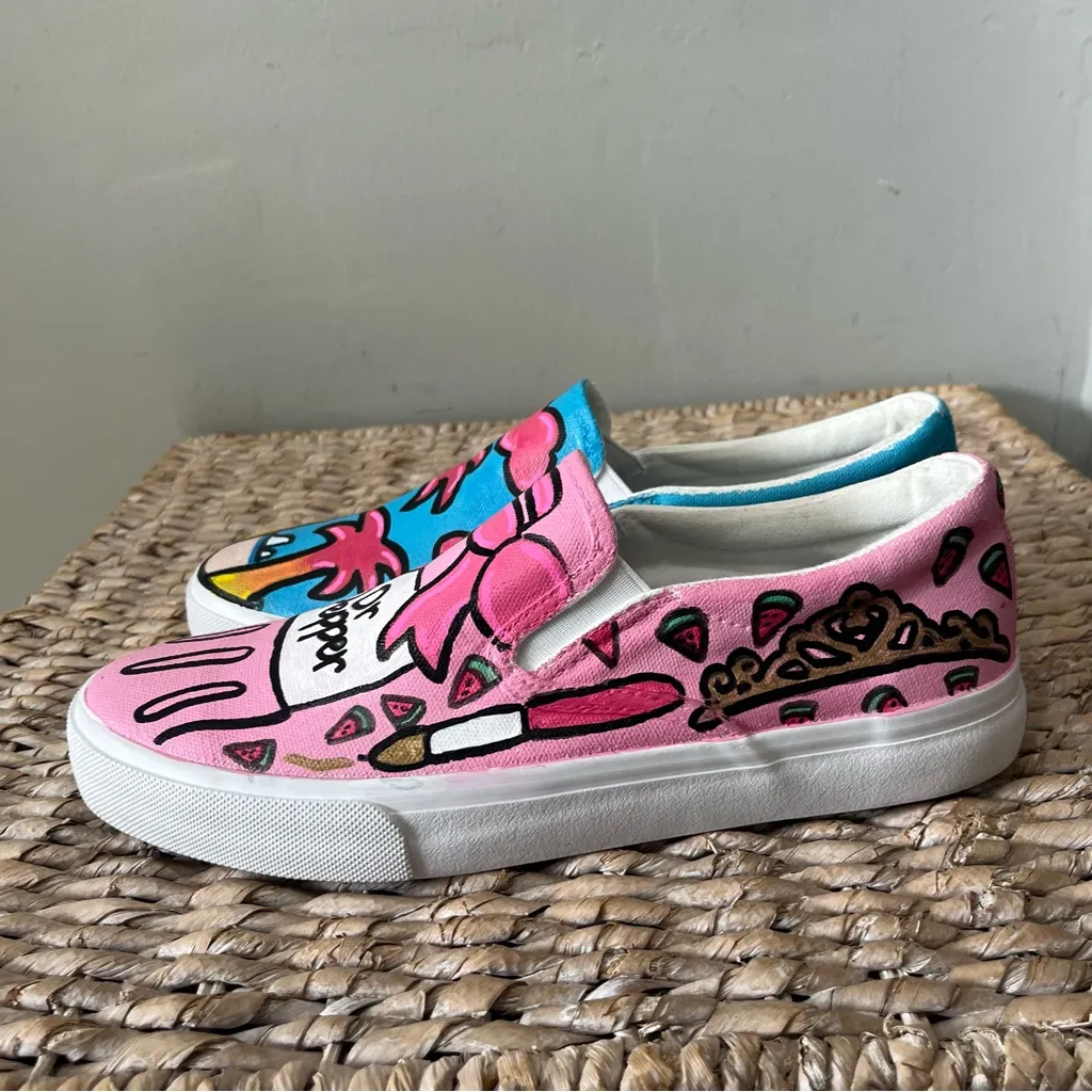 Hand painted shoes slip on Size 8 Dr. Pepper Vacation Watermelon Waves Bags Pink - Image 5