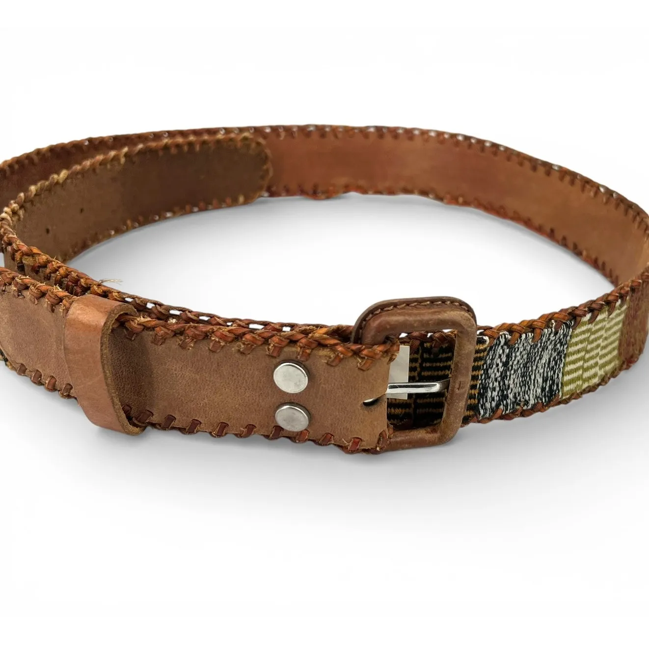 Vintage Lucky Brand L brown leather belt woven textile inlay Patch embroidered - Image 3