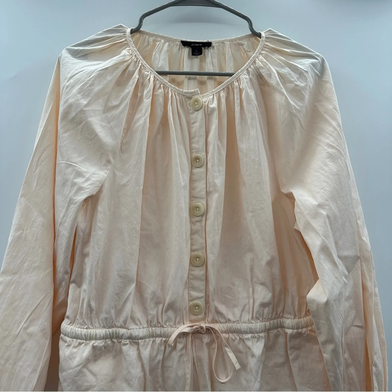 J. Crew Cotton Poplin Tie-Sleeve Button-Front Romper in Palest Peach‎ Sz L - Image 4