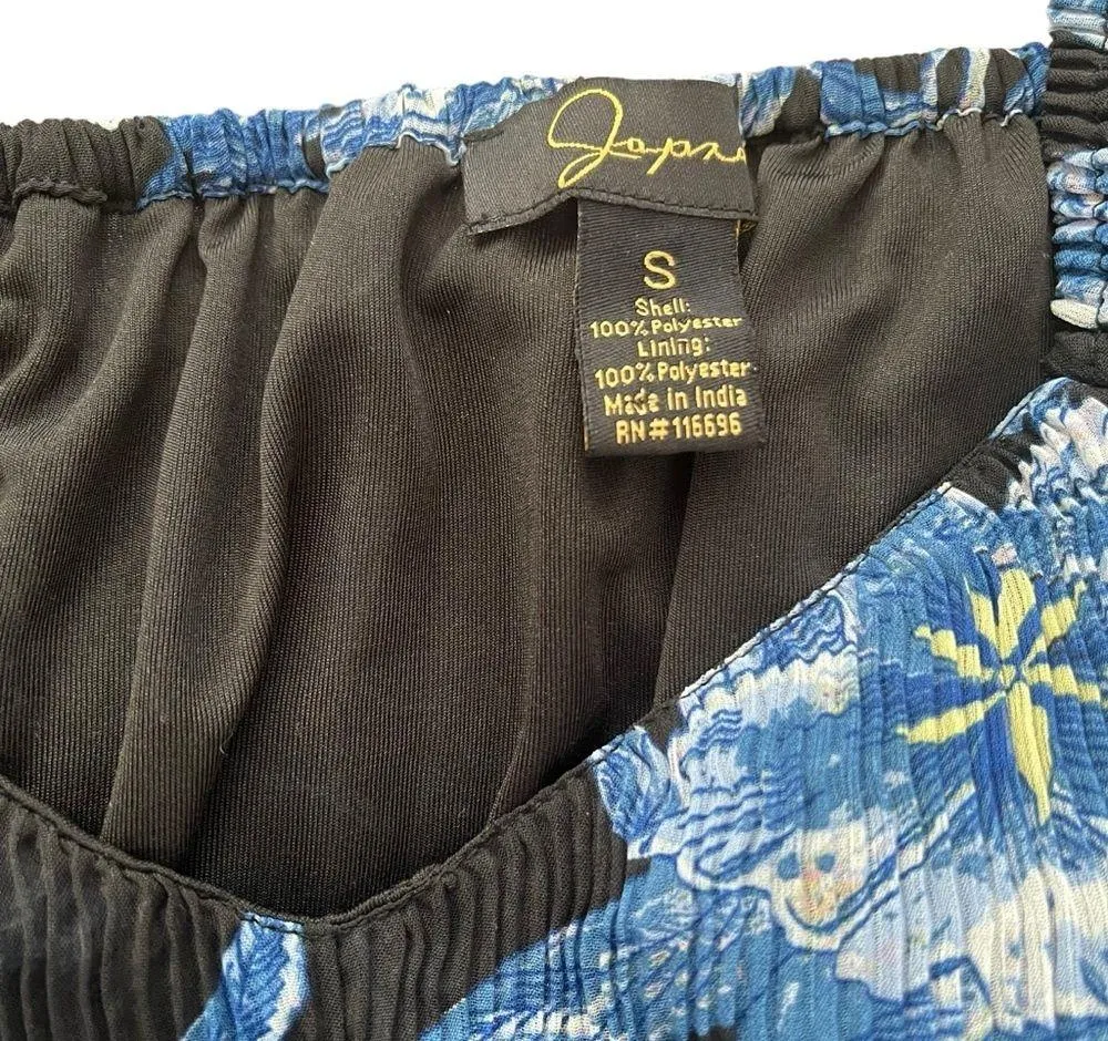 NWT, Japna Blue Black Floral Long Sleeve Pleated Tie Back Crop Top, Sz S - Image 10